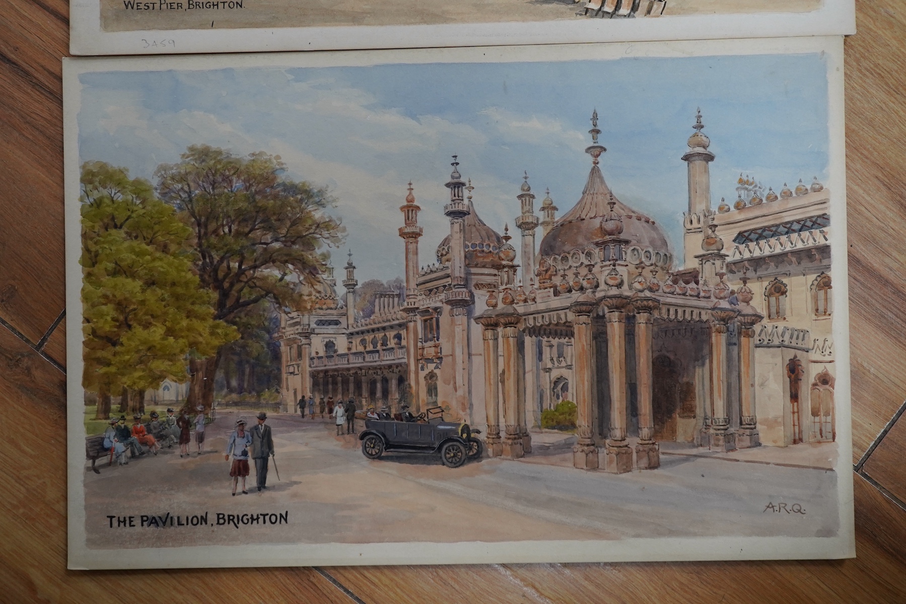 Alfred Robert Quinton (1853-1934), pair of original watercolours for postcard designs, Brighton views comprising: West Pier and The Pavilion, each monogrammed, 20 x 30cm, unframed. Condition - fair to good
